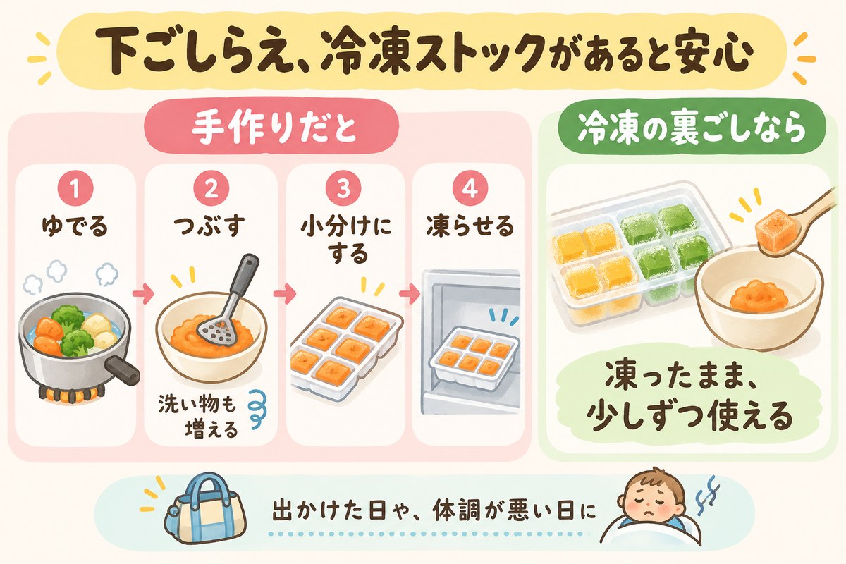 離乳食の下ごしらえ。手作りだと、ゆでる・つぶす・小分けにする・凍らせるの4つ。つぶすと洗い物も増える。冷凍の裏ごしなら、凍ったまま少しずつ使える。出かけた日や体調が悪い日に