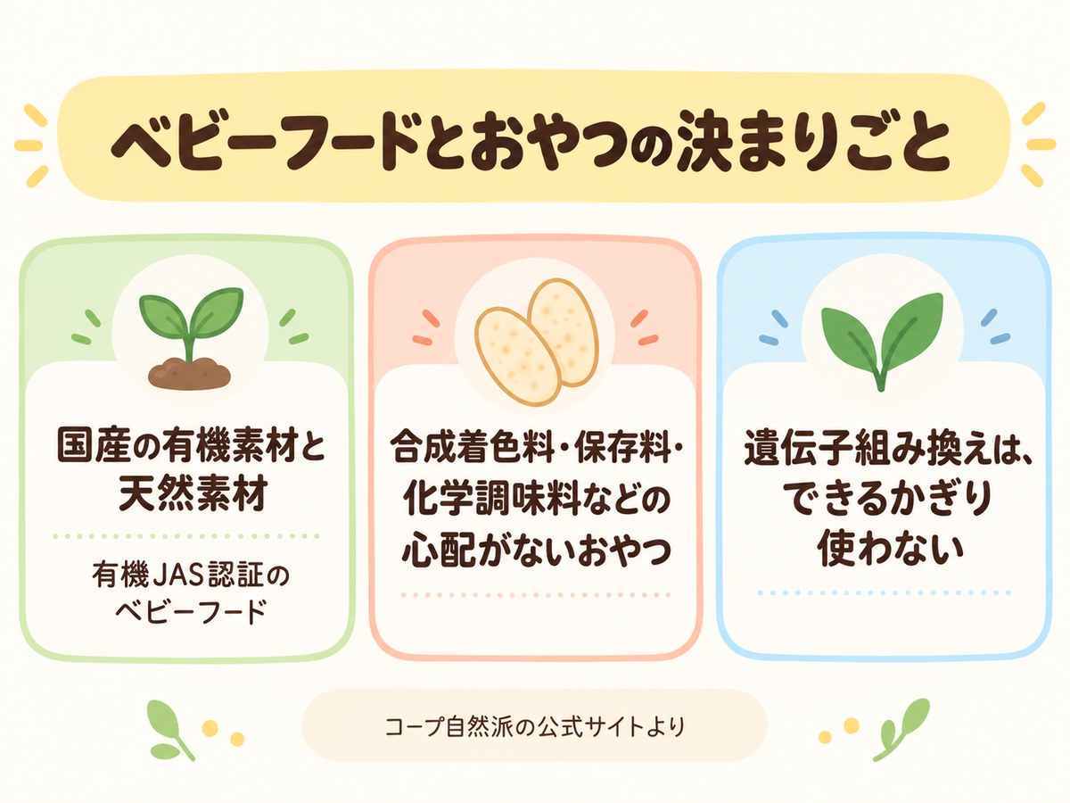 コープ自然派のベビーフードとおやつの決まりごと。国産の有機素材と天然素材(有機JAS認証のベビーフード)、合成着色料・保存料・化学調味料などの心配がないおやつ、遺伝子組み換えはできるかぎり使わない