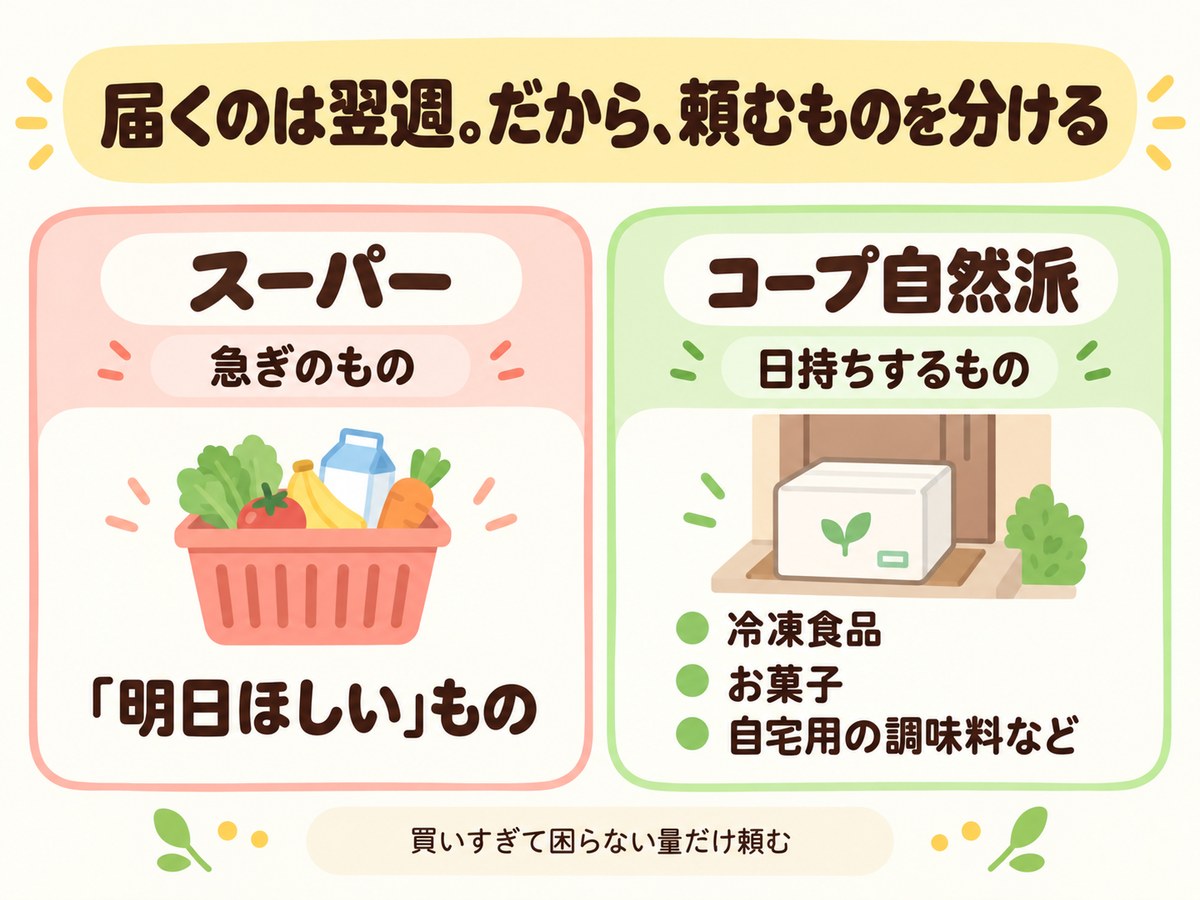 届くのは翌週なので頼むものを分ける。急ぎの「明日ほしい」ものはスーパー。冷凍食品・お菓子・自宅用の調味料など日持ちするものはコープ自然派。買いすぎて困らない量だけ頼む